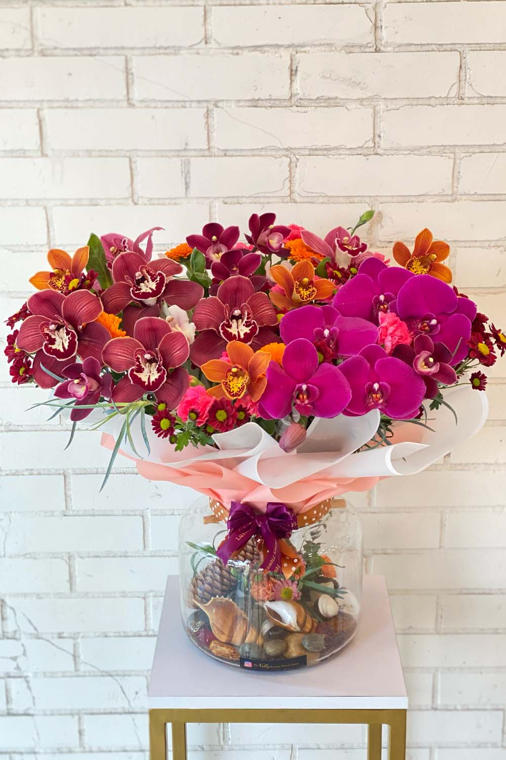 گلدان شیشه ای دیزاین ارکیده های رنگی نلی(۵۵ سانت)